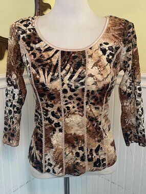 Dressbarn Womens Medium Animal Print Long Sleeve Top Brown/Black